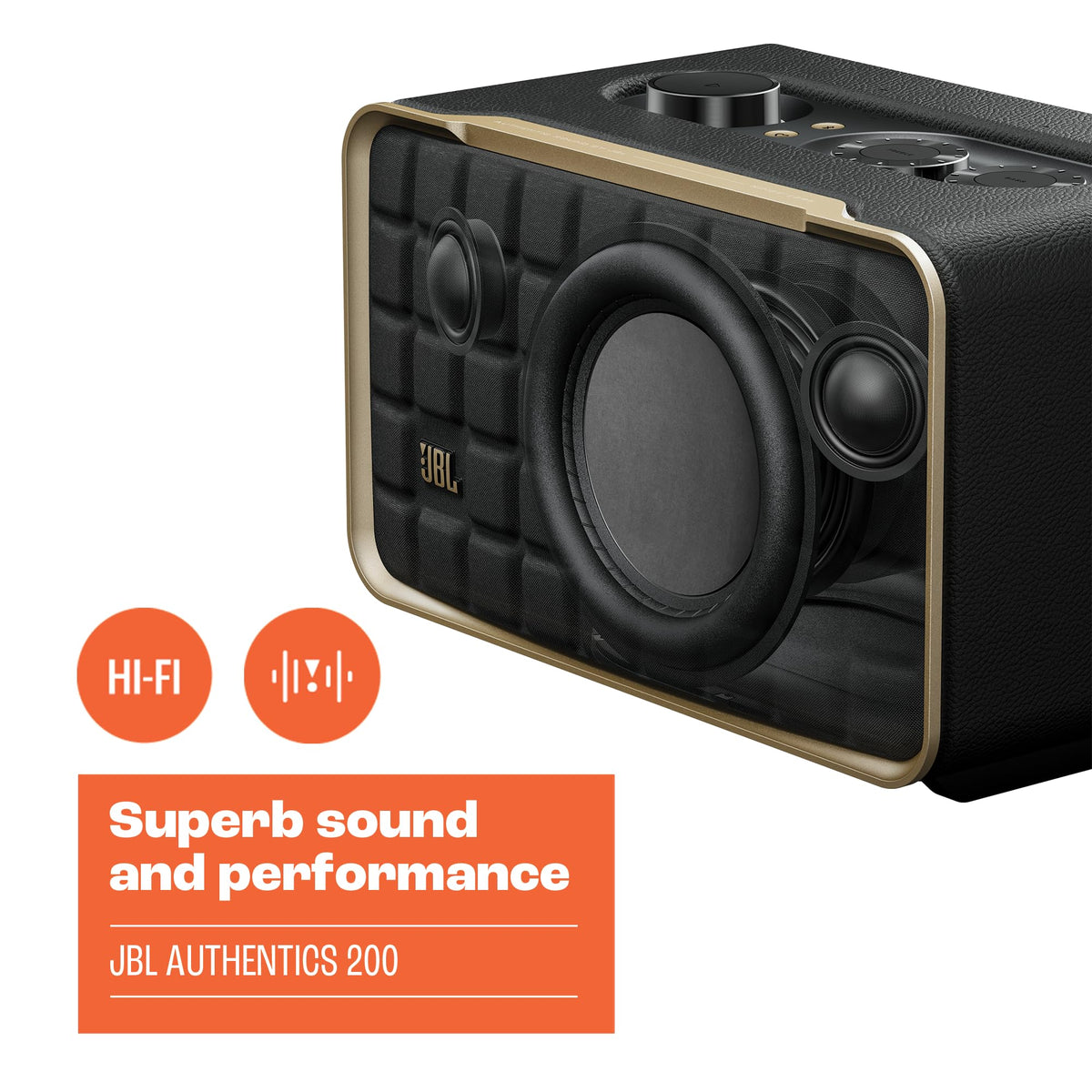 JBL Authentics 200 - Retro Style Smart Home Speaker with Built in Wi-Fi, Bluetooth and Voice Assistants, Alexa and Google Assistant, Multi-Room Playback, Automatic self Tuning (White/Gold)