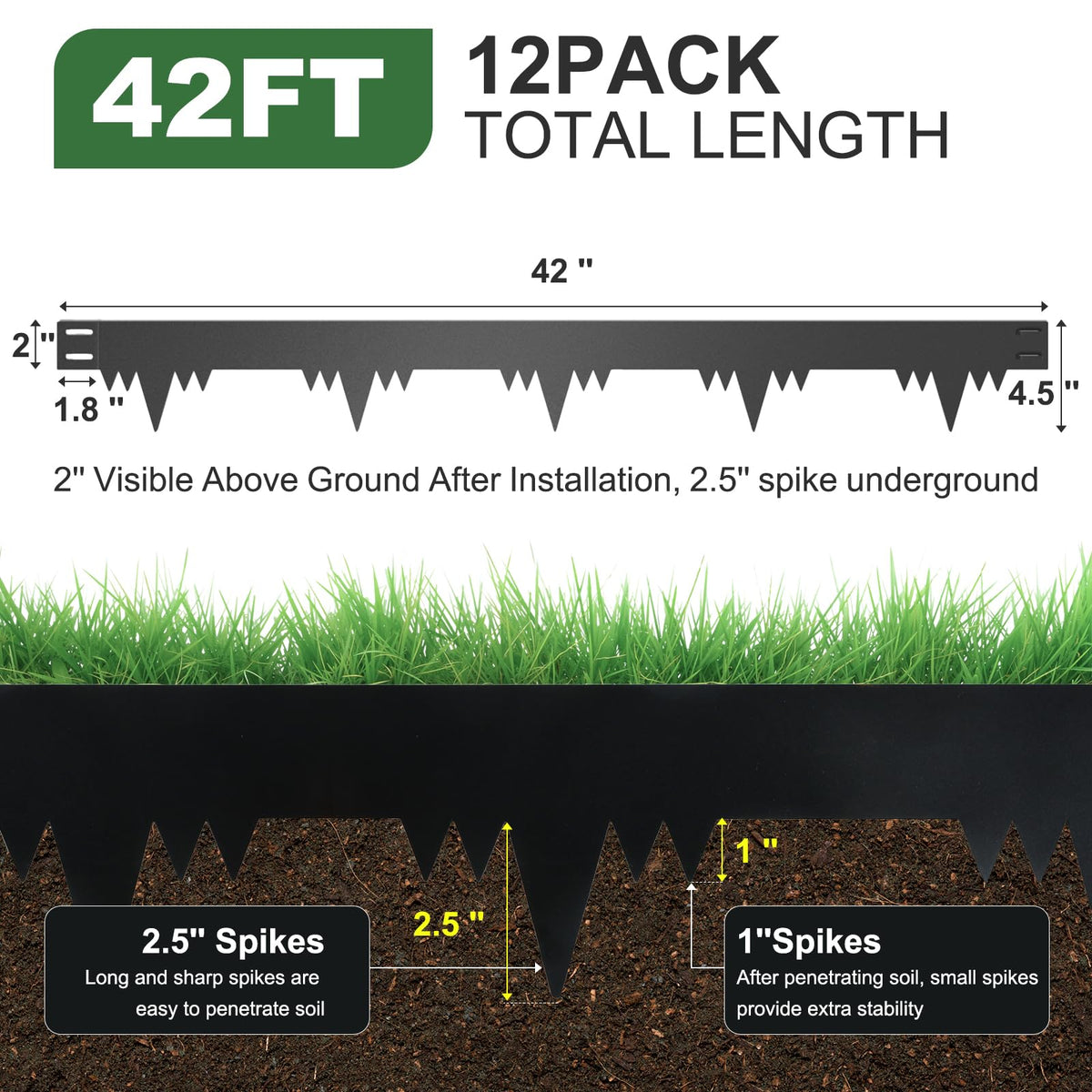 Metal Landscape Edging Border 12 Packs 42'' L x 4.5'' H, Galvanized Steel Garden Edging Border with 12 Stakes, Hammer-in Lawn Edging for Landscaping, Flower Bed, Yard, Pathway, Tree Ring (42ft Total)