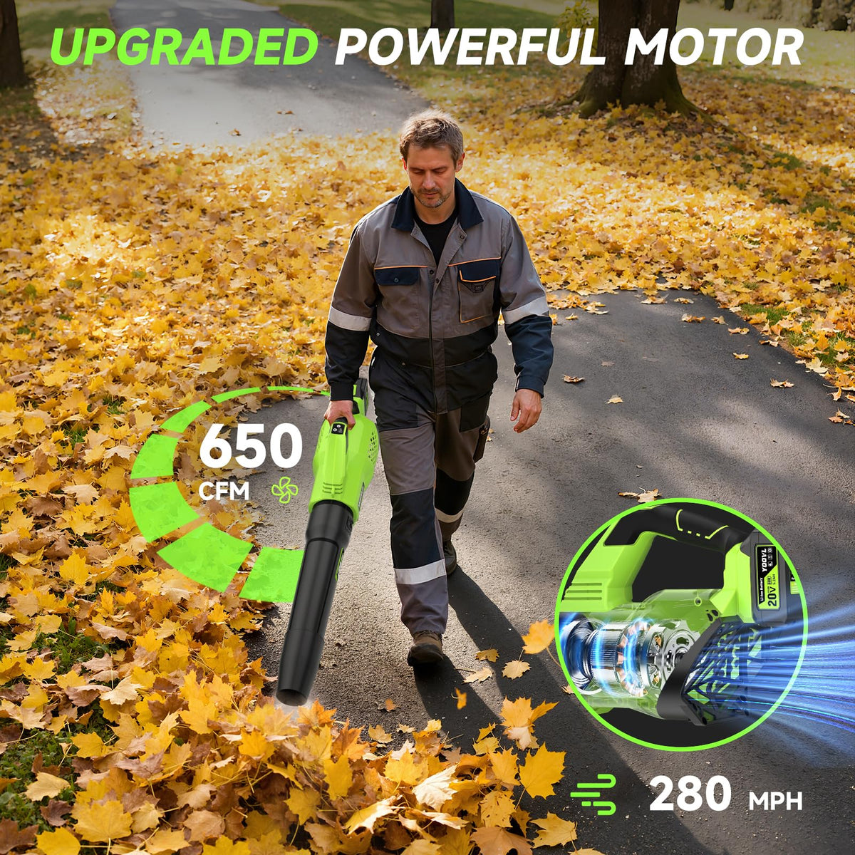 Leaf Blower Cordless, 650CFM Electric Leaf Blowers with 2 x 5.2Ah Batteries and Charger, 3 Speed Modes, 1 x Adjustable Shoulder Strap, Powerful Snow Blowers for Lawn Care, Patio, Dust, Blowing Leaves