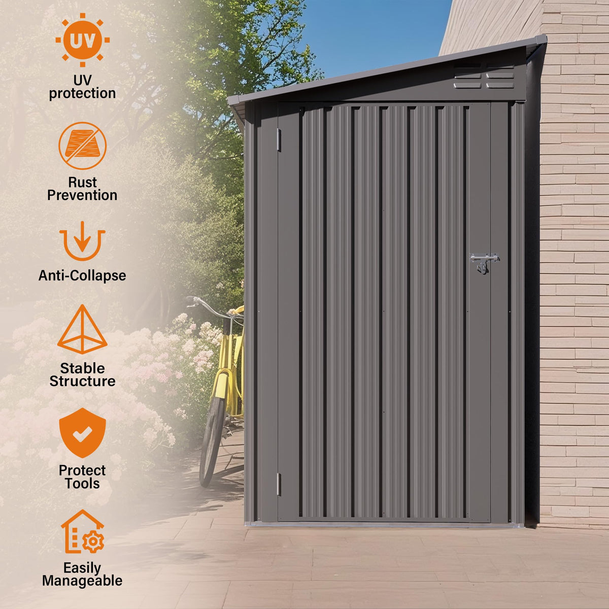 YOPTO 4x9 FT Outdoor Storage Shed,Lean to Metal Shed W/Window,All Weather Waterproof Garden Storage Shed W/ 6 Air Vents & 1 Lockable Door,Weatherproof Tool House W/Sloped Roof,for Lawn,Gray