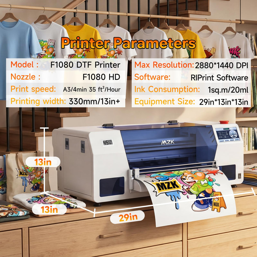 MZK 14'' A3 DTF Printer F1080 Printhead with Auto Maintenance– Ready to Run Out of Box,2X-Speed vs L1800,One-Click Print-to-Bake,White Ink Circulation,Printhead Anti-Clog Design,2-Year Free Ink