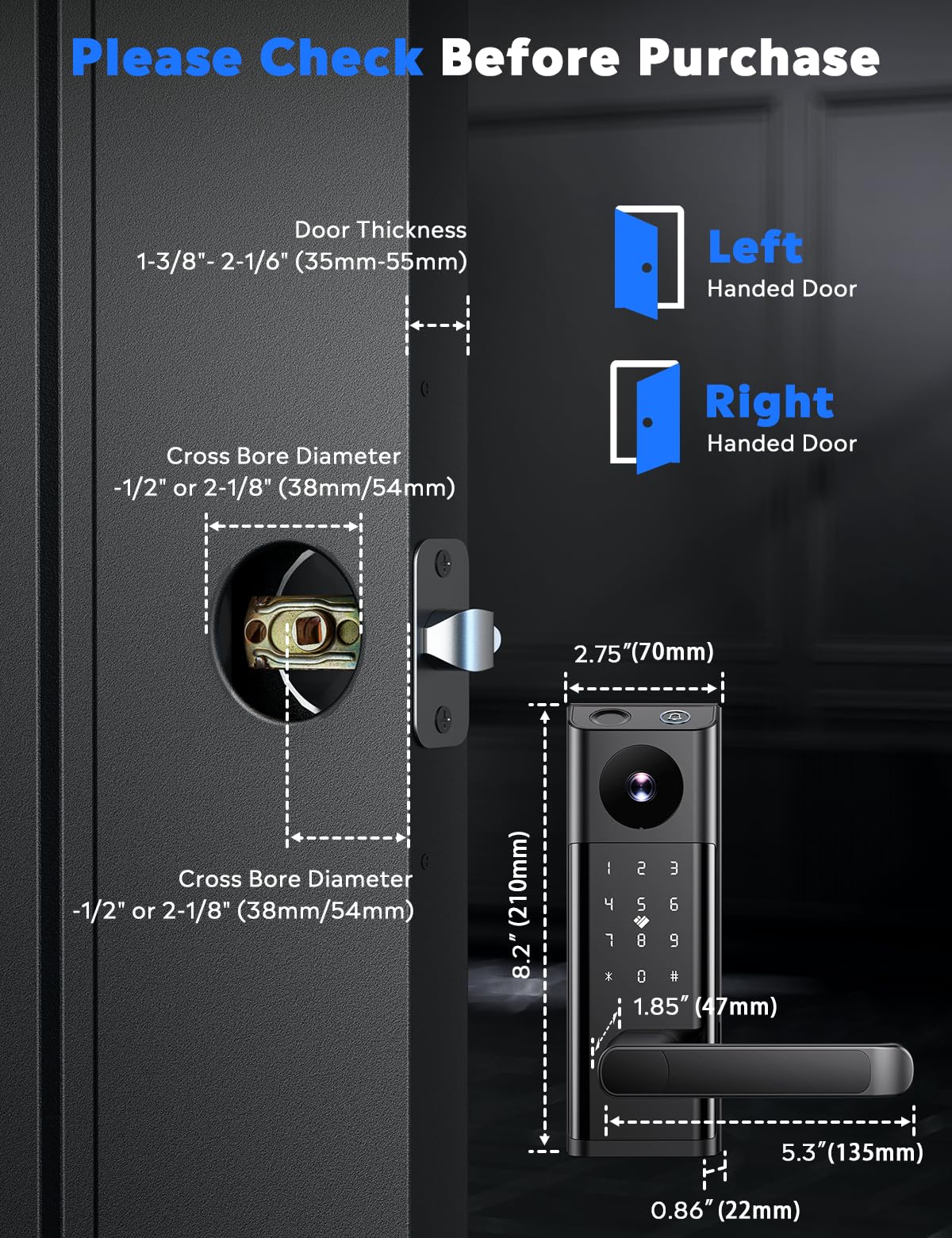 Smart Lock with Camera & Doorbell, 3-in-1 Keyless Entry Door Lock with Handle, Built-in WiFi Camera Smart Lock for Front Door, Fingerprint, Keypad Code, App Control, Auto Lock