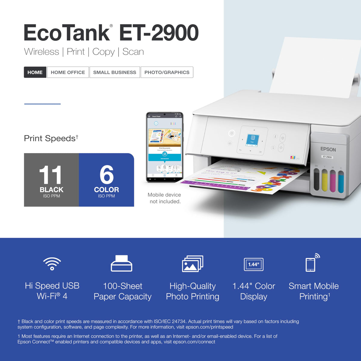 Epson EcoTank ET-2900 Wireless All-in-One Color Supertank Printer with up to 3 Years of Ink, Refillable Tanks, Perfect for Home, 11 PPM, 1.44" Color Screen, Built-in Scanner – White