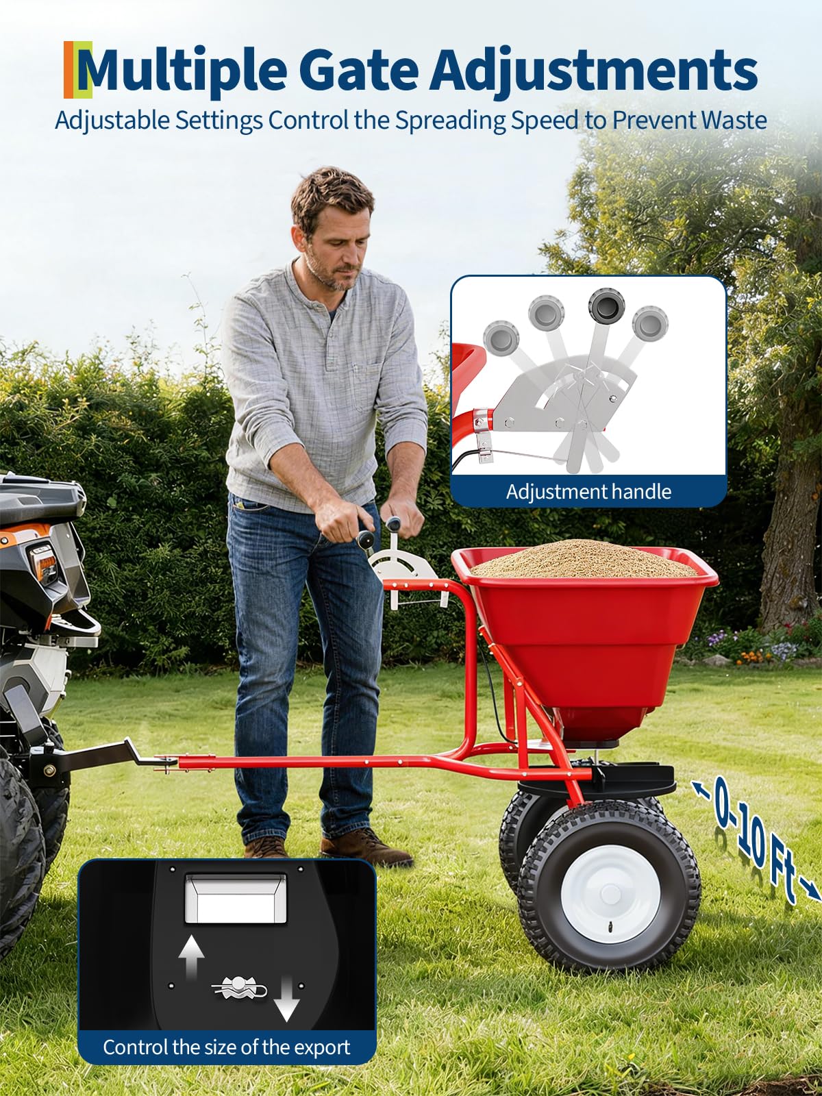 Heavy Duty 85 lbs Tow-Behind Broadcast Spreader – 10" Pneumatic Tires, Adjustable Movement Control – Steel Bucket & Frame