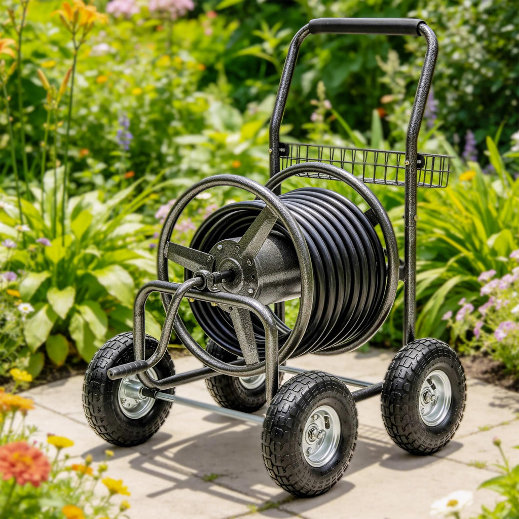 250ft Heavy Duty Hose Reel Cart with 4 Wheels, 5/8" Hose Capacity
