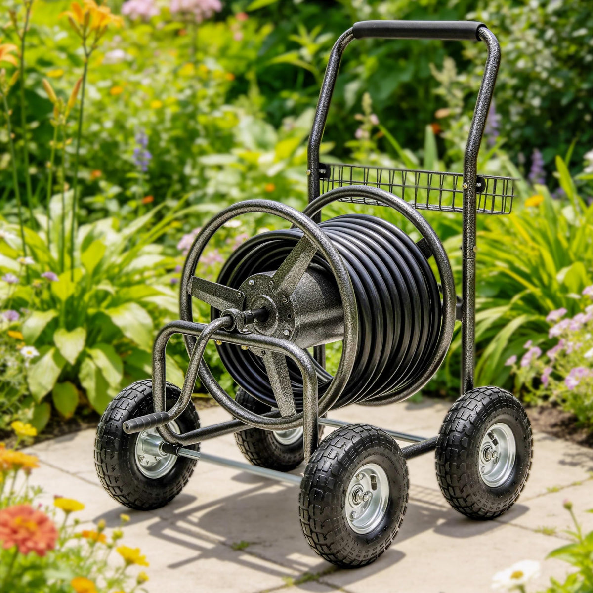250ft Heavy Duty Hose Reel Cart with 4 Wheels, 5/8" Hose Capacity