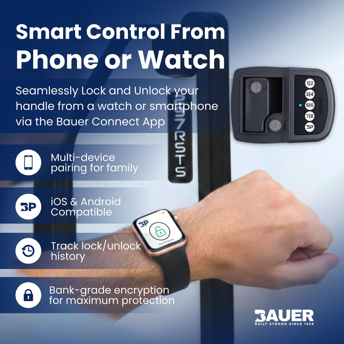 Bauer NE Bluetooth Keyless Entry Door Lock with Handle, Close Field Technology, Essential Camper Must Haves, Secure Trailer, Durable RV Door Latch, Convenient RV Lock Keyless Entry