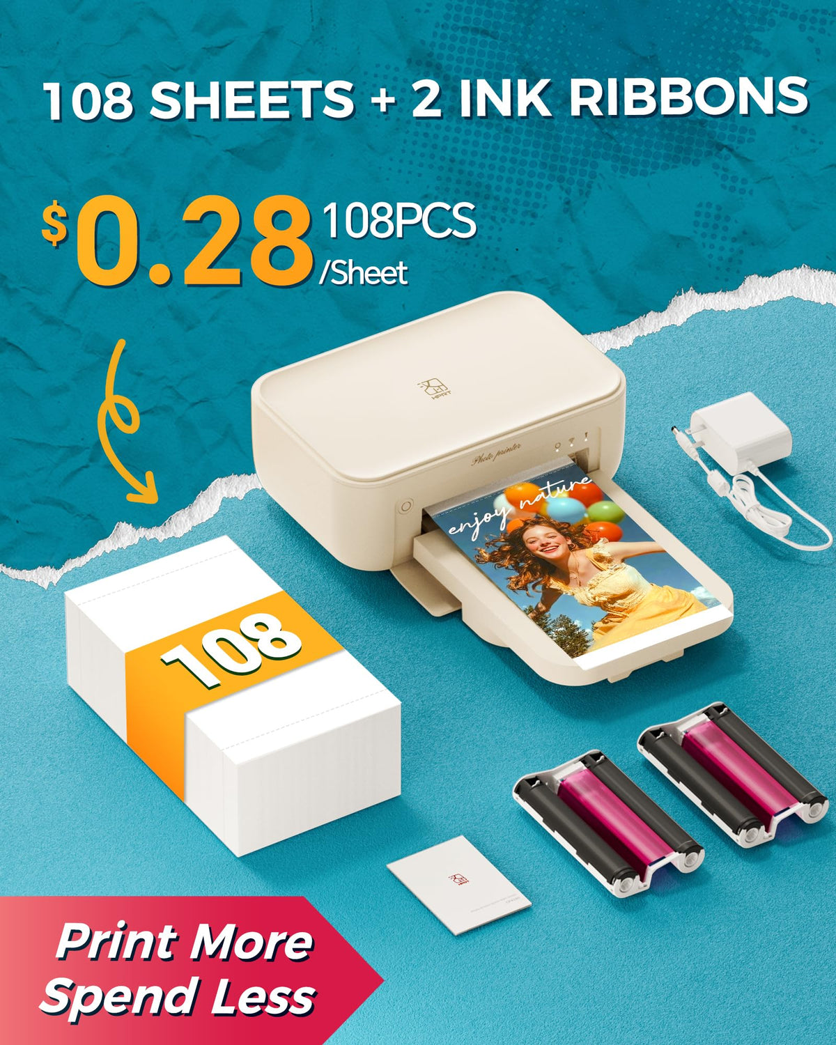 HPRT Photo Printer 4x6 with 108 Sheets Photo Paper & 2 Ribbons