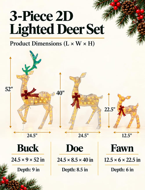 2D Lighted Reindeer Family, 3-Piece Warm Yellow Christmas Yard Decorations