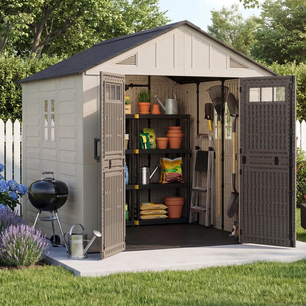 Aoxun 8x6 Ft Outdoor Storage Shed with Floor, Large Resin Outdoor Shed with Lockable Door & Windows, Garden HDPE Sheds for Lawn Tools, Pool Supplies & Bikes
