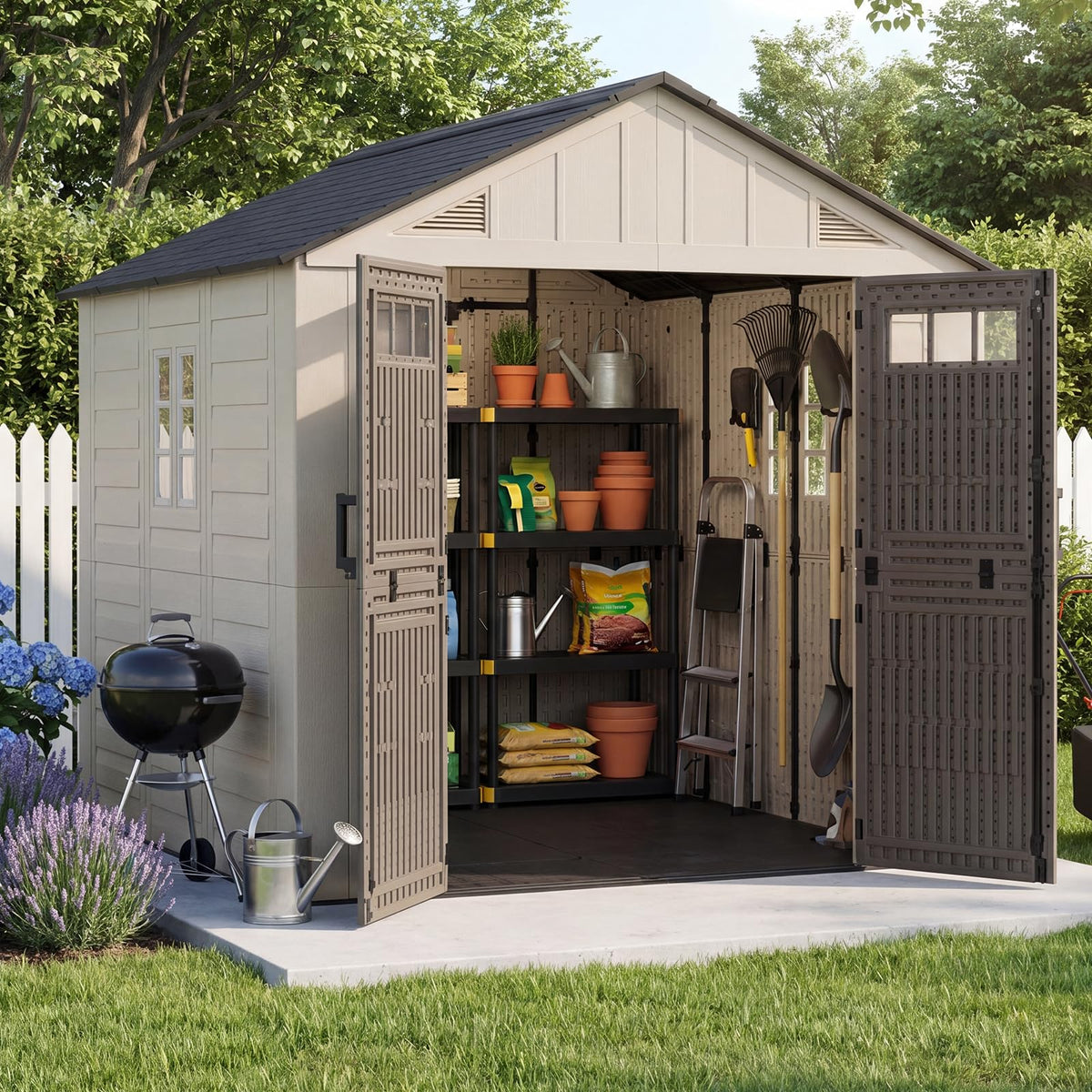 Aoxun 8x6 Ft Outdoor Storage Shed with Floor, Large Resin Outdoor Shed with Lockable Door & Windows, Garden HDPE Sheds for Lawn Tools, Pool Supplies & Bikes