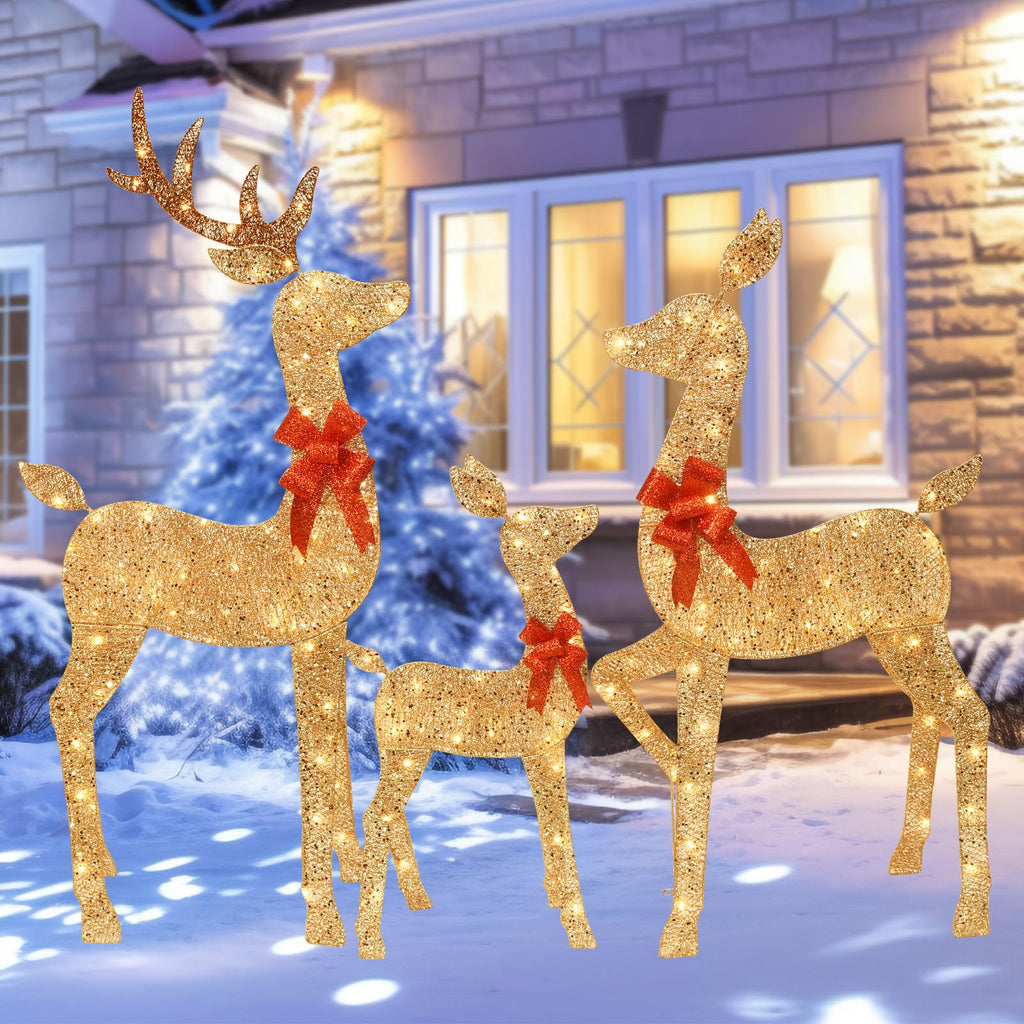 5 FT Oversized Christmas Decorations Outdoor Lighted Reindeer – 3-Piece 2D Deer Family Set with 160 Warm White LED Lights for Yard, Lawn, Garden & Porch Holiday Display - White