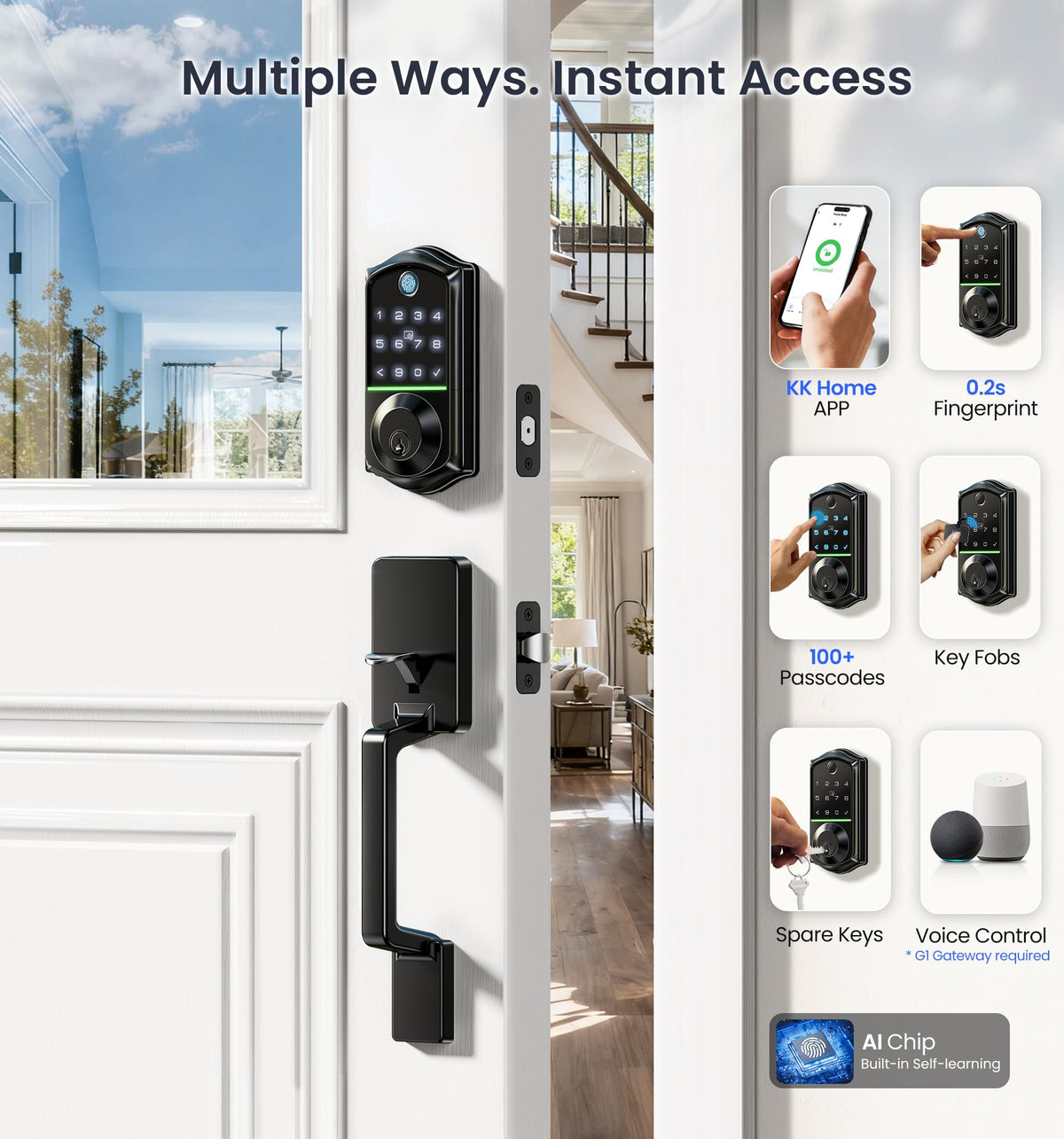 Veise VE017-D Fingerprint Smart Front Door Lock Set, Matte Black