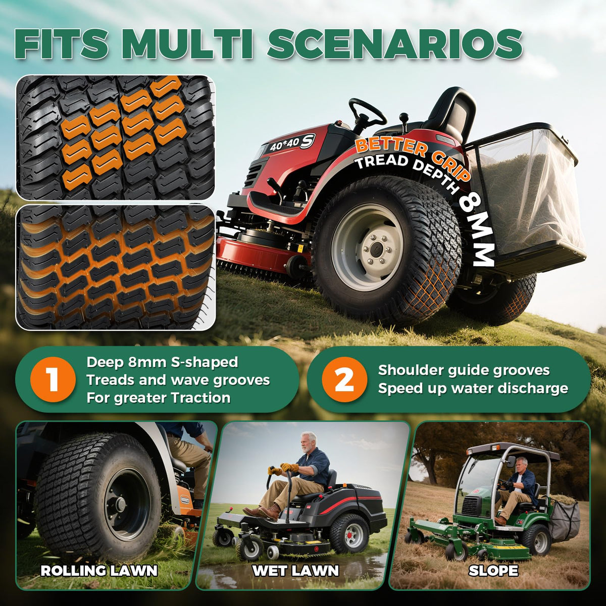 2Pcs 22x9.50-12 Lawn Mower Tires, 4PR 22x9.5-12 Garden Tractor Tires, 1680lbs Capacity, Fits Grass Mud Hilly Terrain