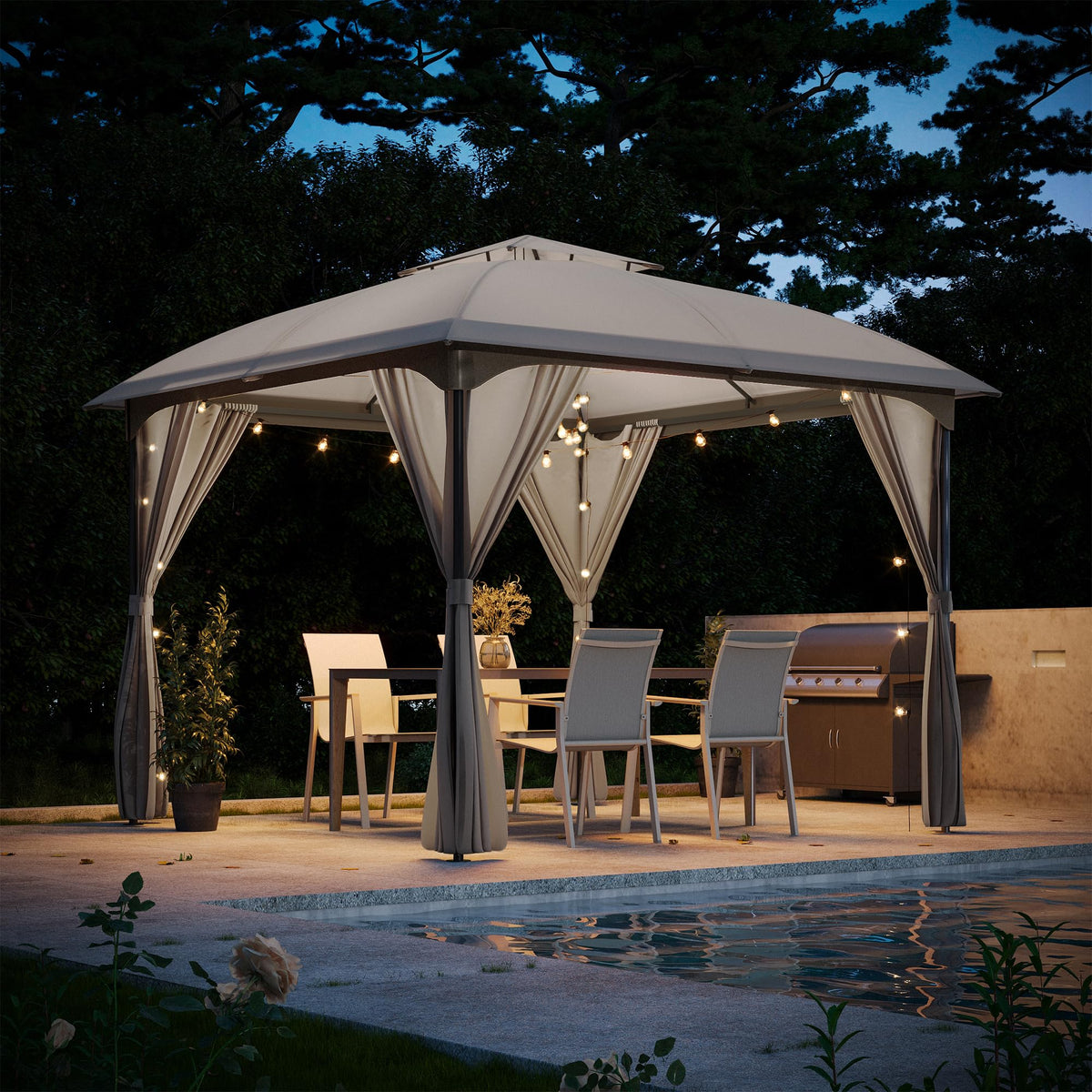 10x10 Arc Gazebo Canopy with Curtains & Double Roof