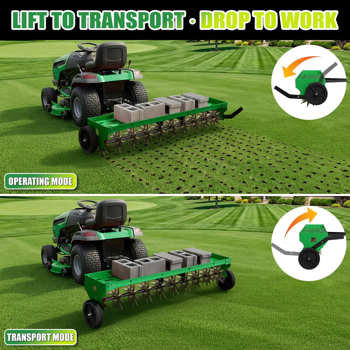 40" Spike Aerator Tow Behind, Lawn Aerator Tow Behind with Universal Hich, Green Galvanized Steel and Includes a Pallet Capable of Supporting 280 Pounds, Pull Behind Aerator for Garden, Farm and Lawn