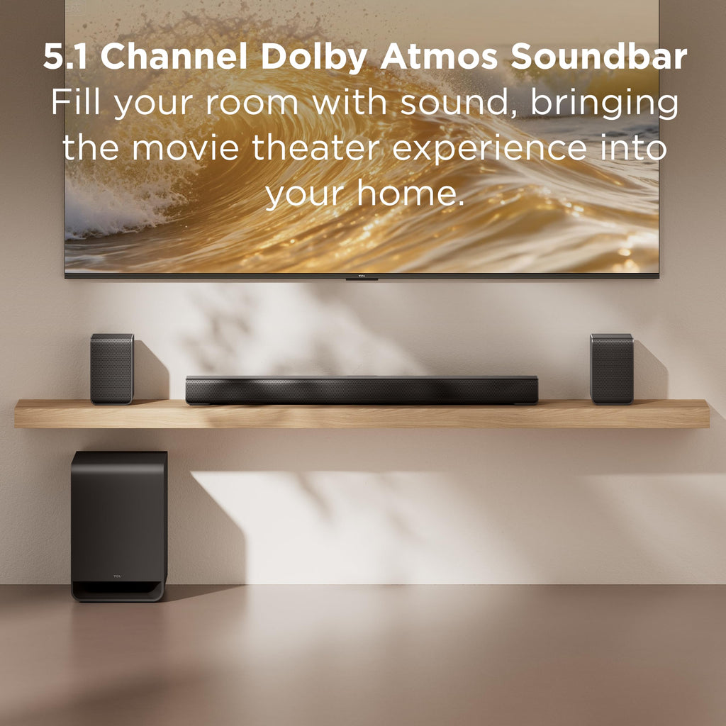 TCL S65K S Series 5.1 Channel Soundbar System with Dolby Atmos, DTS:X, Wireless Subwoofer, Wireless Surround Speakers, Bluetooth Music Streaming, and AI Sonic Auto Room Calibration
