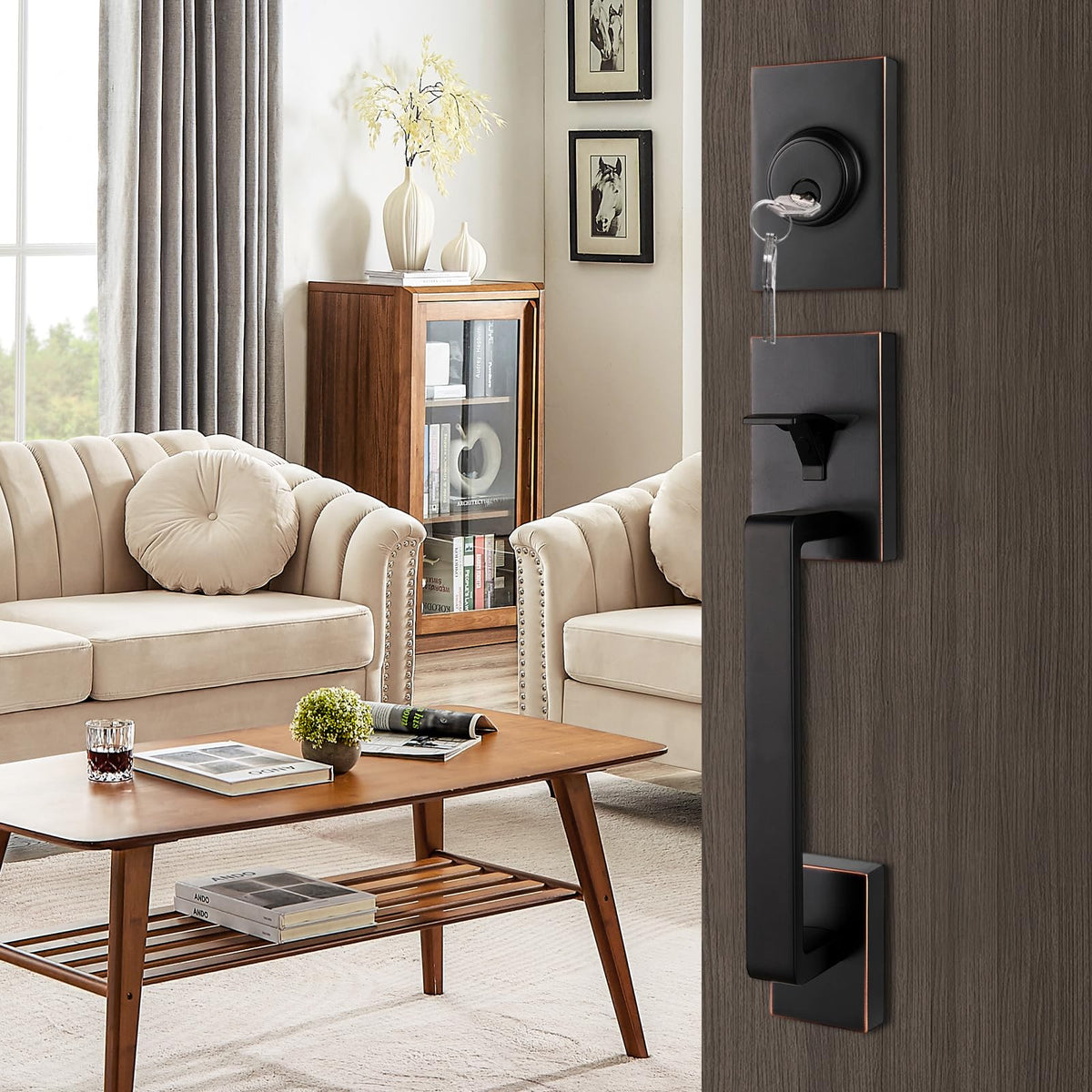 Exterior Double Door Lever Handleset,Solid Door Handle Lock Set (Keyed and Dummy Set) - Matte Black,MDHST2017DB-SET-BR