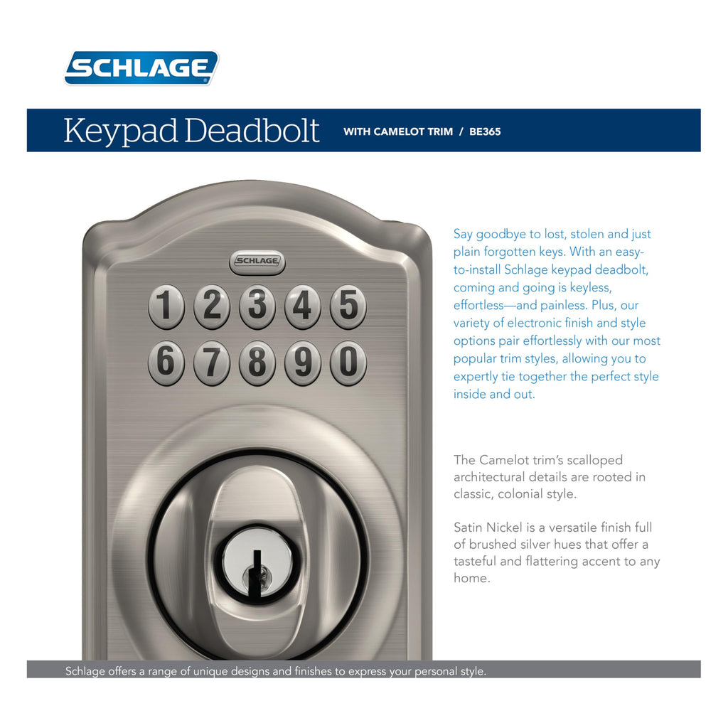 Schlage Electronic Keypad Deadbolt Lock, Camelot Trim, Matte Black