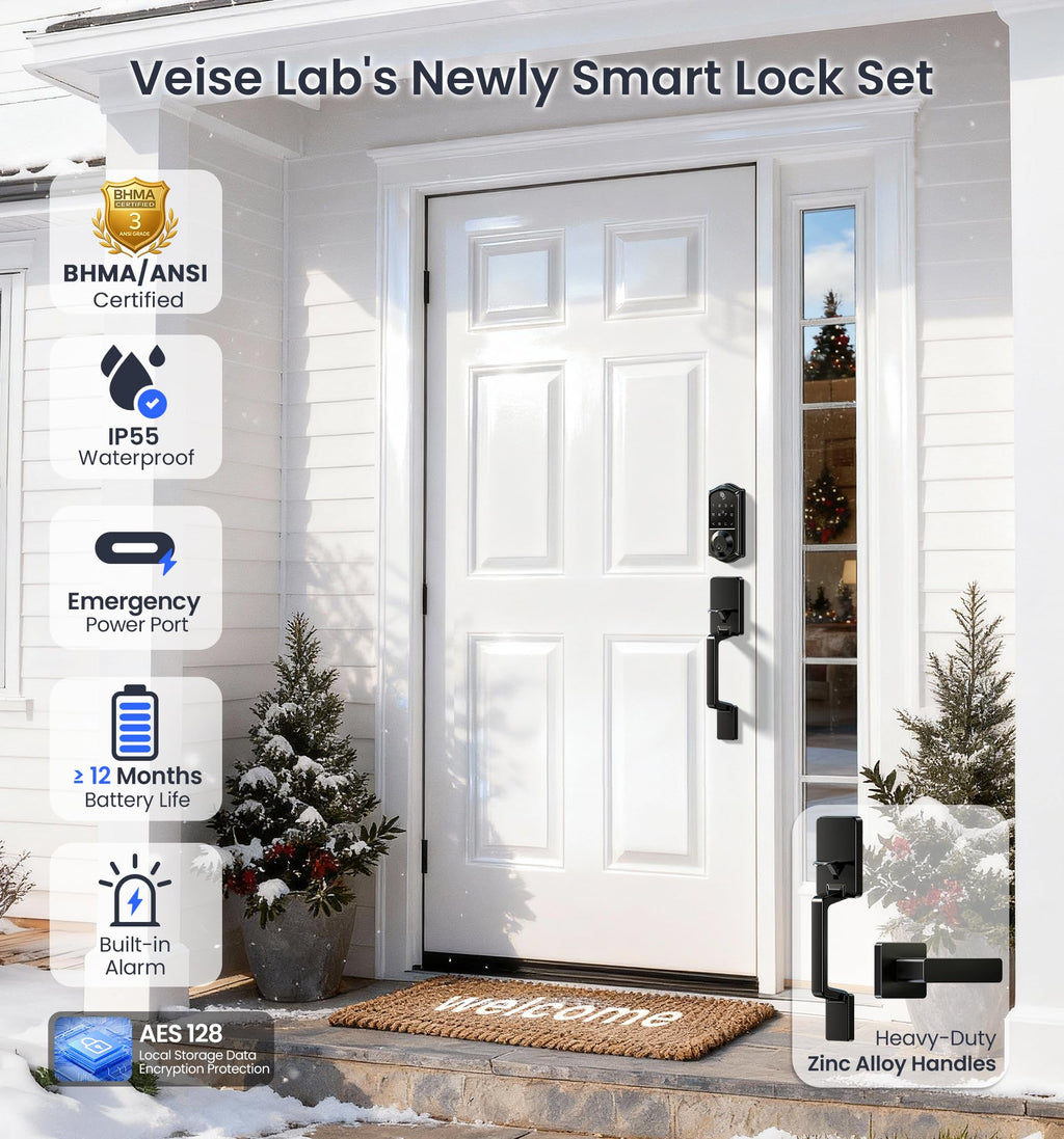 Veise VE017-D Fingerprint Smart Front Door Lock Set, Matte Black