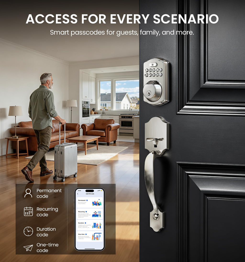 Veise VE012W-H Wi-Fi Smart Front Door Lock Set with Handle, Satin Nickel