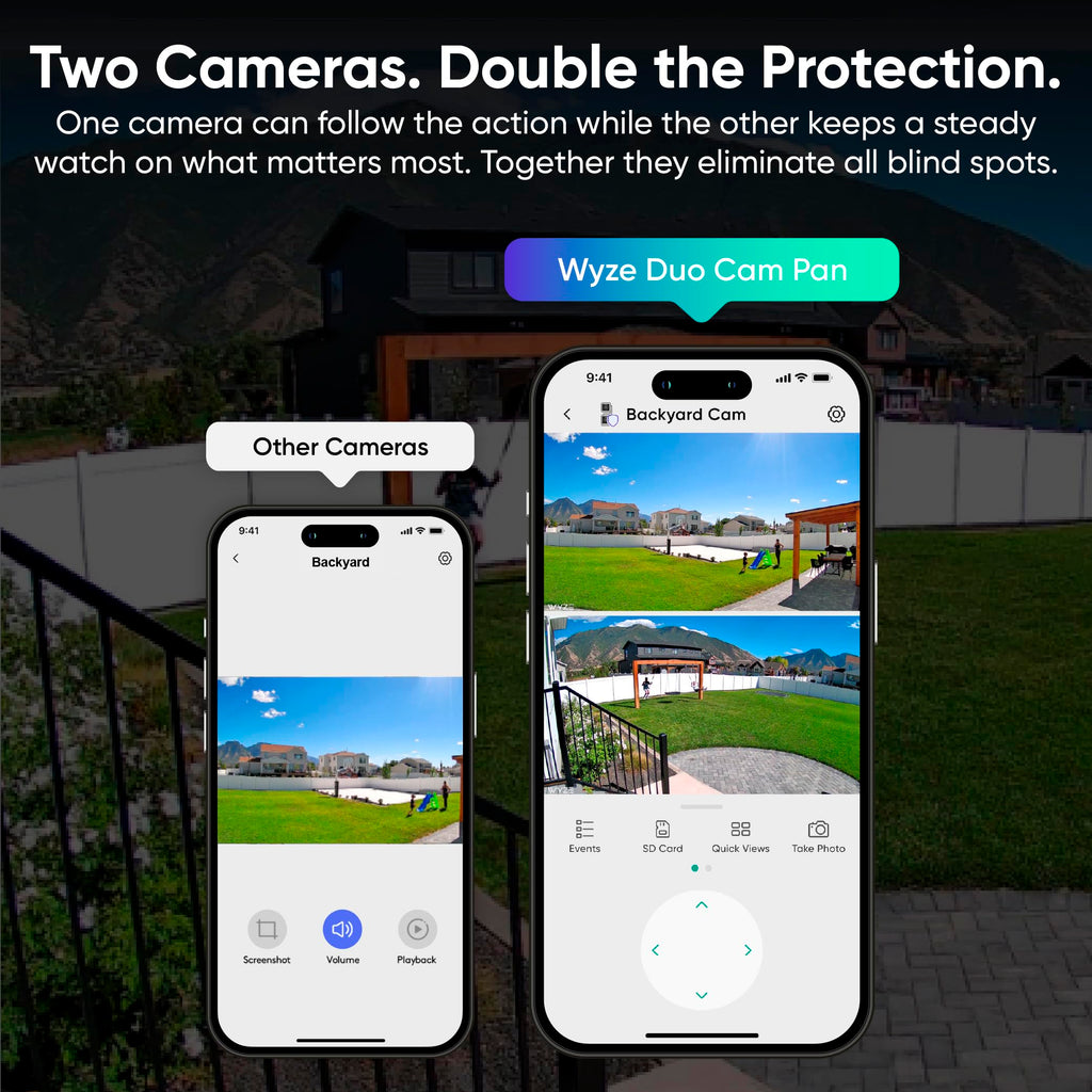WYZE Duo Cam Pan 2K Dual Cam Indoor/Outdoor Security Camera, 2-Pack