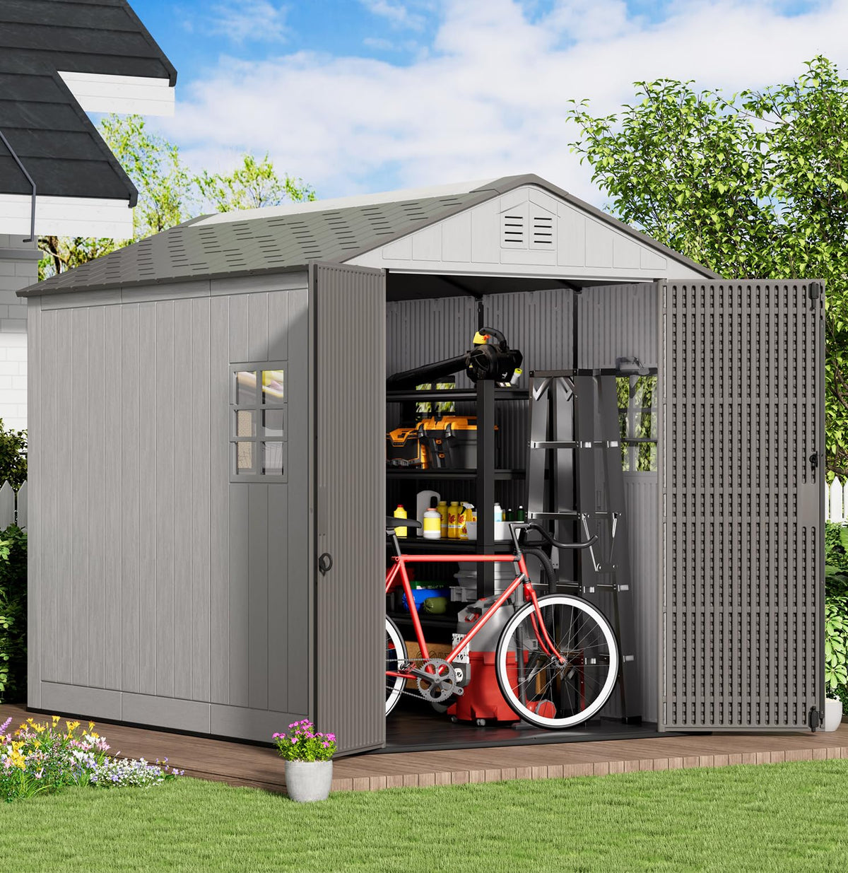 KINYING 6x4 FT Vertical Outdoor Storage Shed,Resin Clearance Outdoor Sheds with Floor,Garden Tool Shed for Lawn Mower/Bike Storage/Trash Cans/Pool Supplies,Lockable