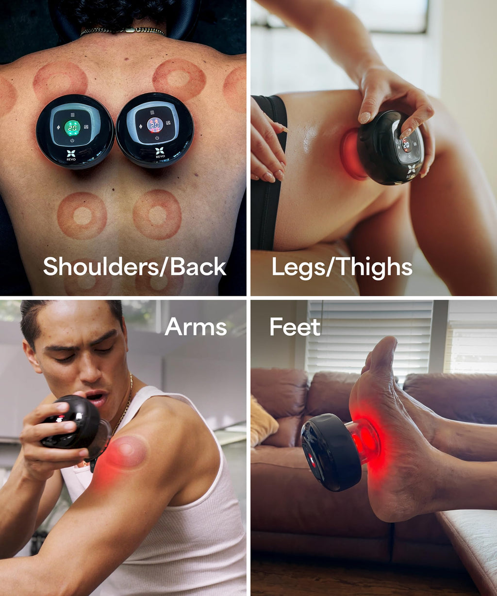 REVO The Original 4-in-1 Smart Cupping Therapy Massager, Red Light Therapy for Targeted Pain Relief, Knots, Aches, Muscle Soreness, Circulation & Tighter Skin, Portable Cupping Kit (Four Pack)