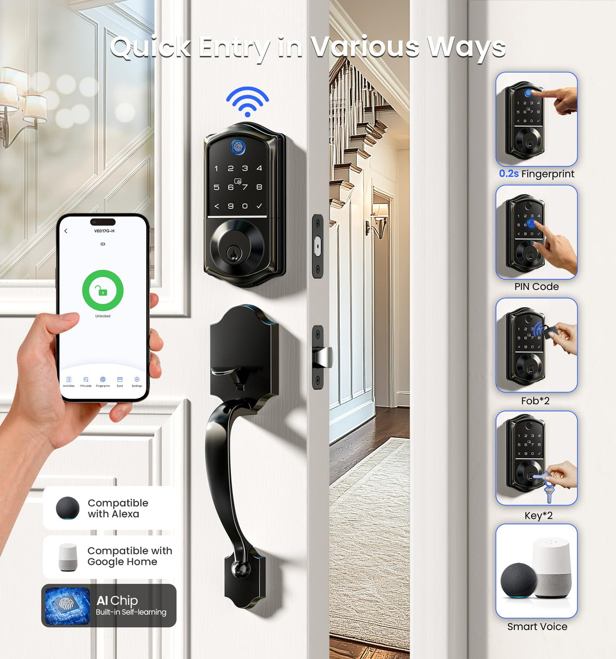 Veise VE017G-H Wi-Fi Smart Door Lock Deadbolt with Handle Set, Matte Black
