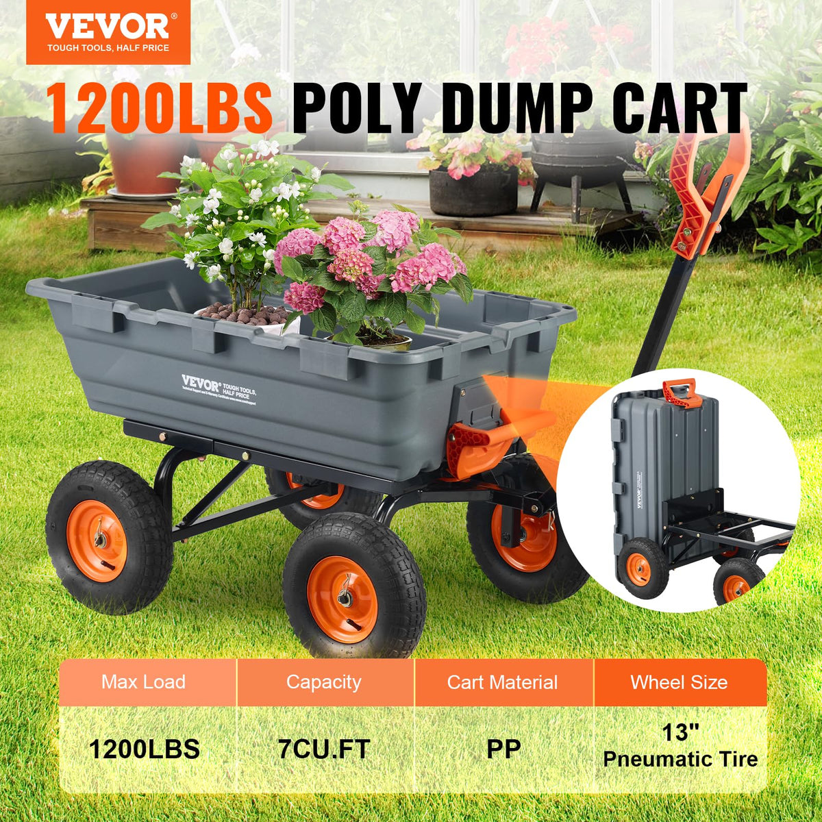 VEVOR Heavy Duty 1200lbs 7 Cu.Ft Wheelbarrow Garden Dump Cart Wagon
