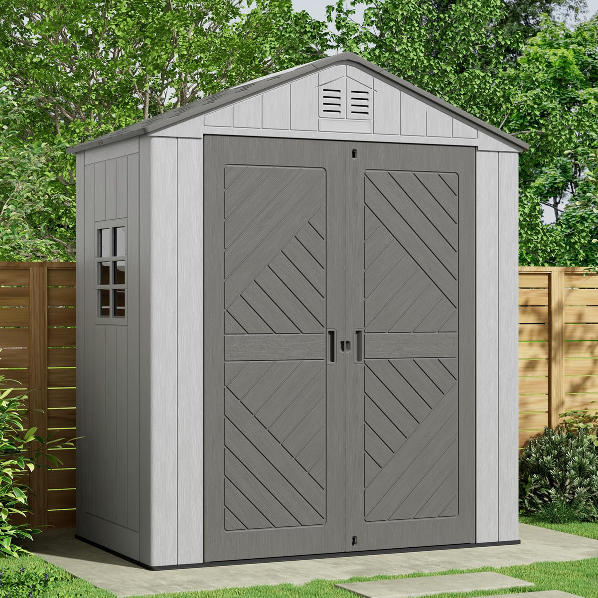 KINYING 6x4 FT Vertical Outdoor Storage Shed,Resin Clearance Outdoor Sheds with Floor,Garden Tool Shed for Lawn Mower/Bike Storage/Trash Cans/Pool Supplies,Lockable