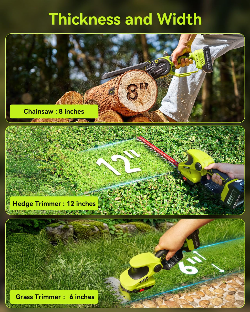 3-in-1 Cordless Mini Chainsaw & Hedge Trimmer with Grass Shears, 8-Inch 800W Brushless Chainsaw, 2 x 4000mAh Batteries, Garden Tool Kit for Tree Pruning, Hedge Trimming & Lawn Edging