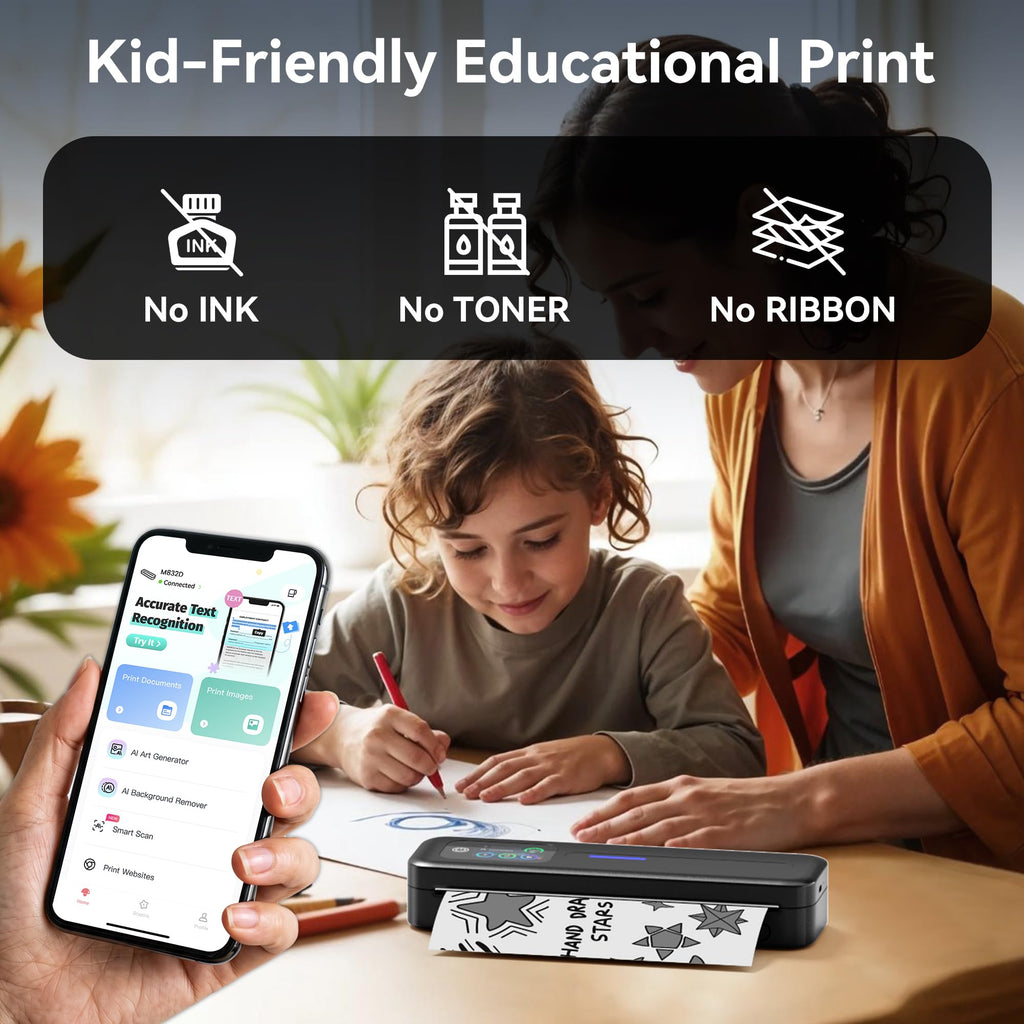 Phomemo M832D Touchscreen Portable Printer & Case & 69 Pcs (3 Rolls) Paper