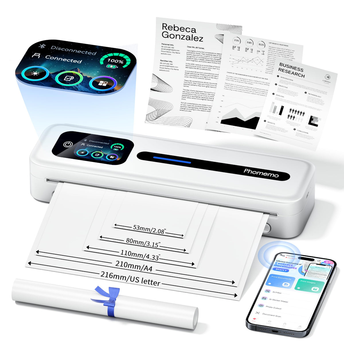 Phomemo M832D Touchscreen Portable Printer & Case & 69 Pcs (3 Rolls) Paper