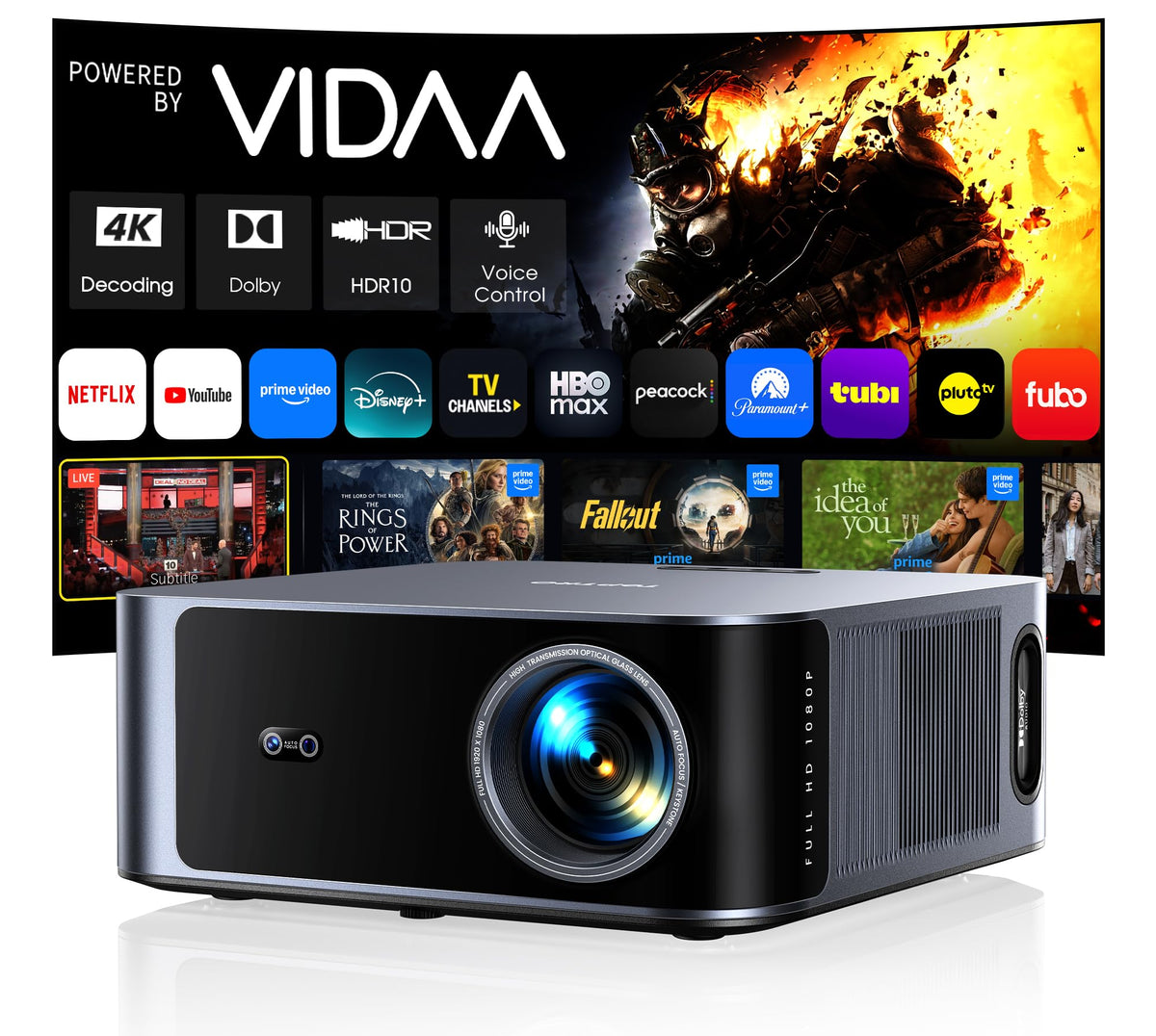Outdoor-Projector-4K [VIDAA Live TV/40W Dolby/920 ISO] with WiFi6 and Bluetooth Compatible with Netflix, Smart Projector, AI Voice Control & Auto Focus, HDR10, Movie Proyector for Ceiling Home Theater