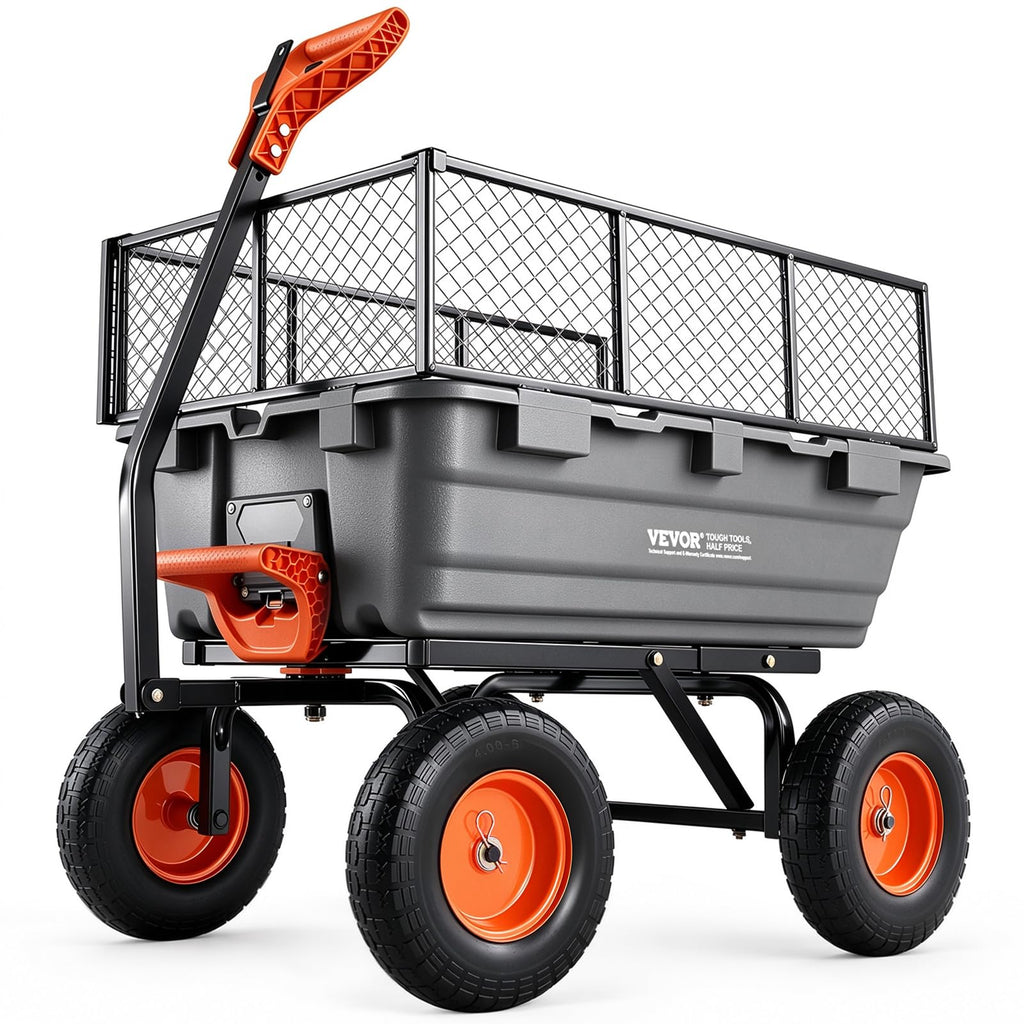 VEVOR 1500lbs Poly Garden Dump Cart Wheelbarrow Wagon with 2 in 1 Convertible Handle, Heavy Duty Yard Cart Wagon for with 13in All Terrain Wheels, Dump Trailer Tow Behind for Lawn Mower Tractor