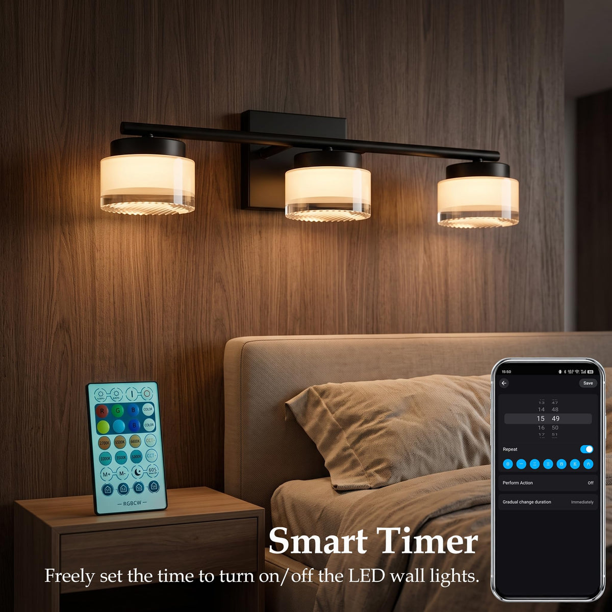 DAYCENT Black 3-Light Bathroom Vanity Lights with APP/Remote Control 21.26"