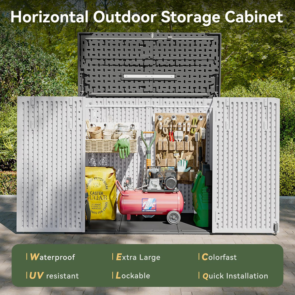 AOXUN Horizontal Storage Sheds 41 Cu.ft, Outdoor Storage Box 160 Gallon, Waterproof Lockable Resin Shed, Patio Storage for Garden, Pool, Cushions, Tools, White