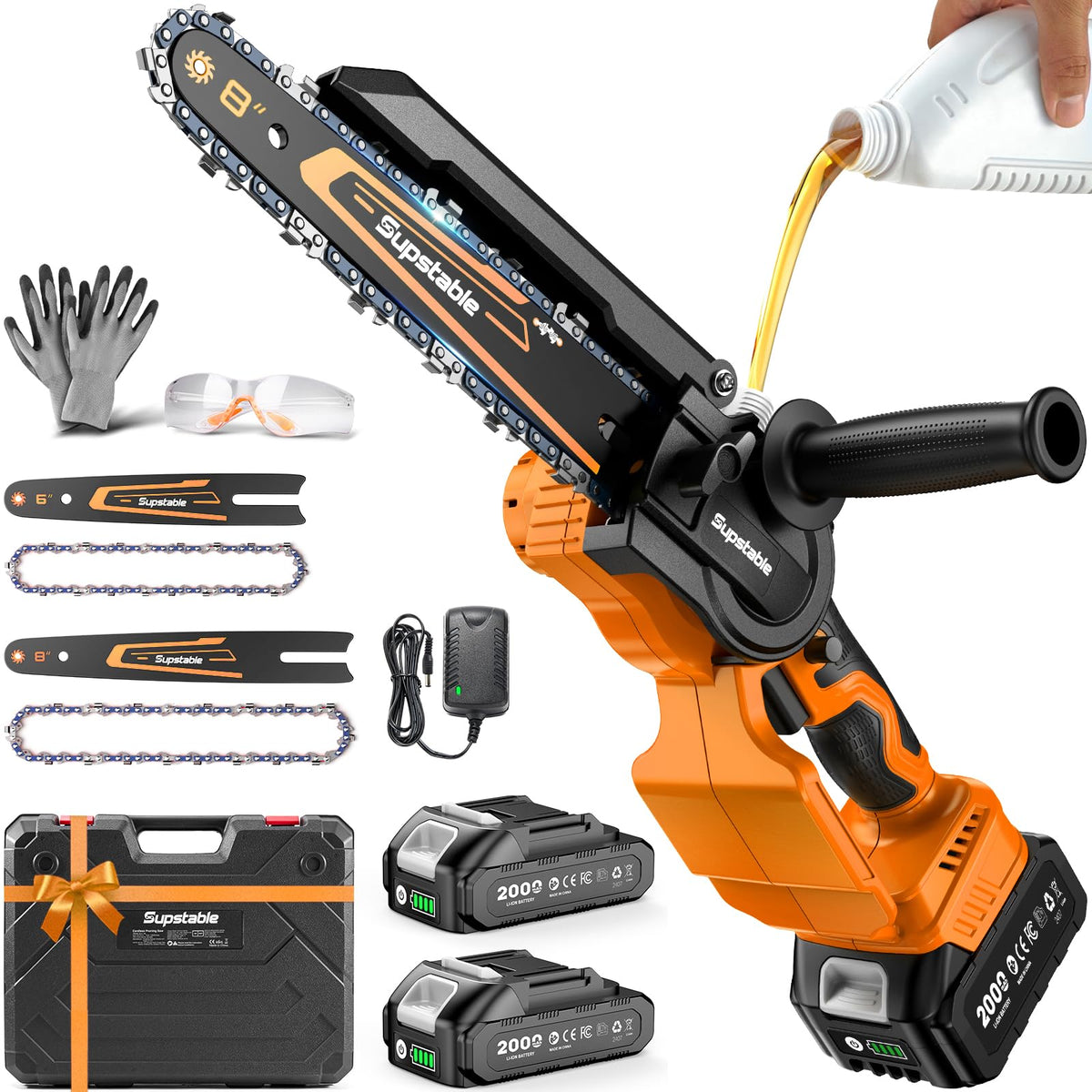 3-in-1 Cordless Mini Chainsaw & Hedge Trimmer with Grass Shears, 8-Inch 800W Brushless Chainsaw, 2 x 4000mAh Batteries, Garden Tool Kit for Tree Pruning, Hedge Trimming & Lawn Edging