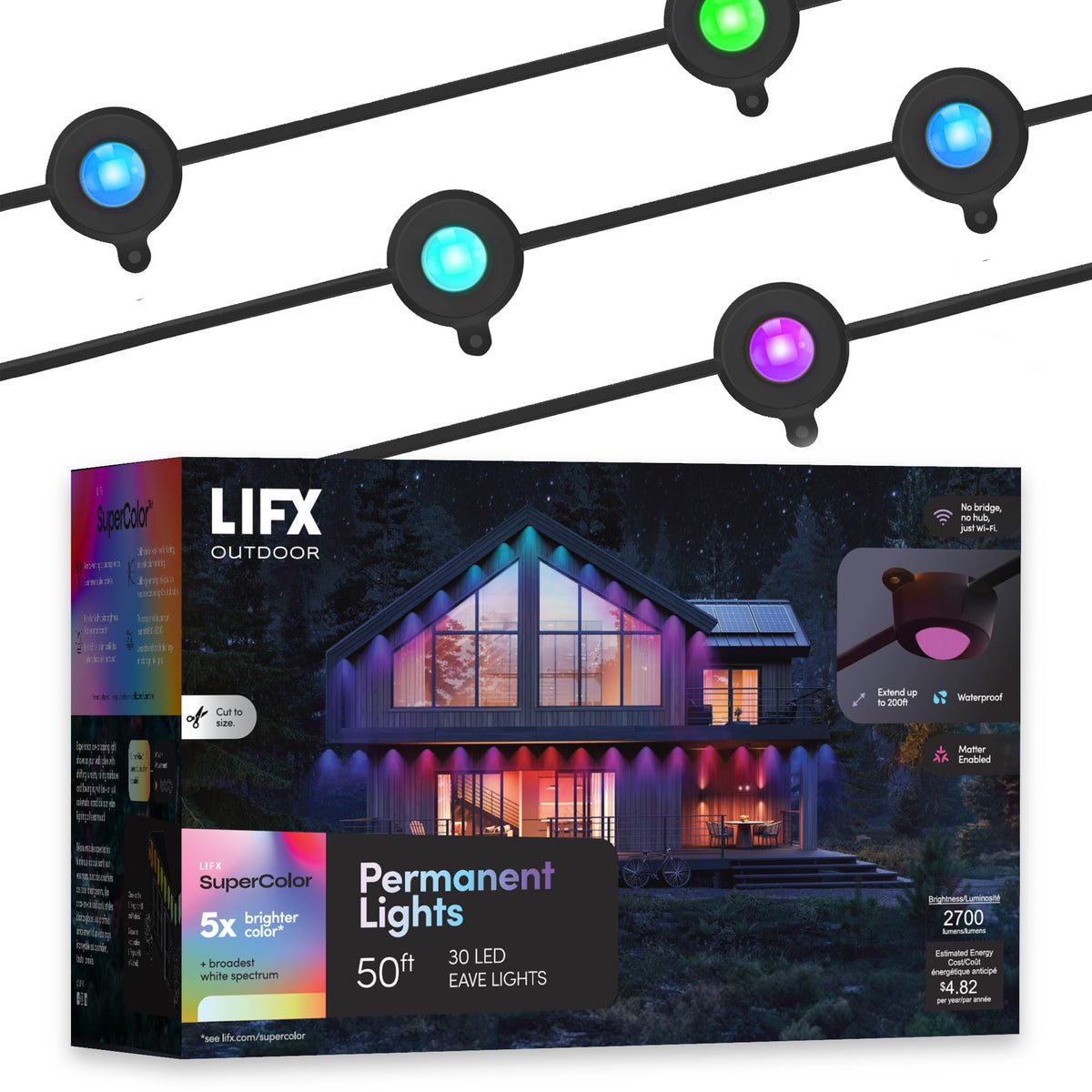 LIFX Permanent Outdoor Lights 50ft, 30-Zone Color, Matter/Apple Home, Black