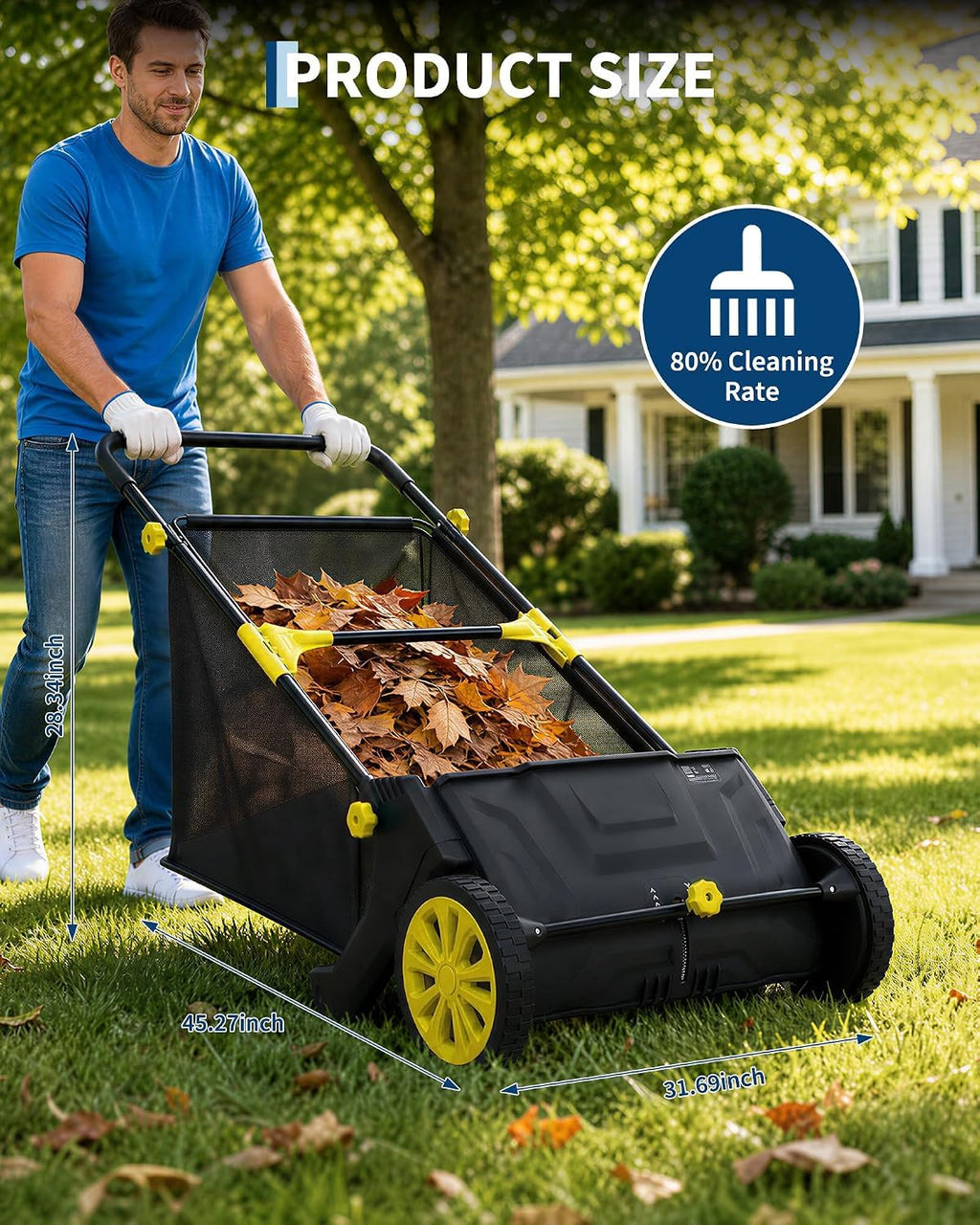 IDEALHOUSE Push Lawn Sweeper 26 Inch with Large 7 cu.ft. Hopper Bag