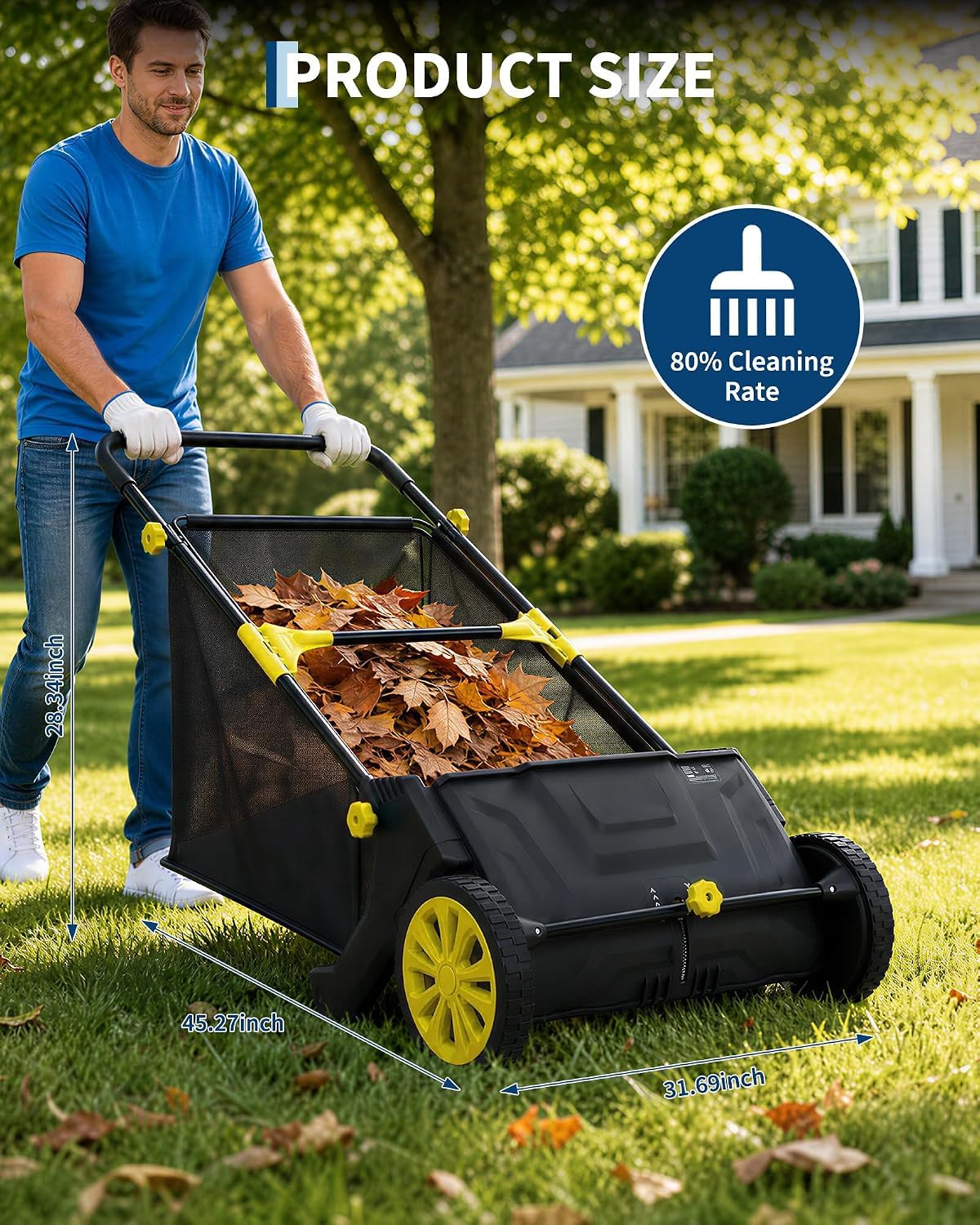 IDEALHOUSE Push Lawn Sweeper 26 Inch with Large 7 cu.ft. Hopper Bag