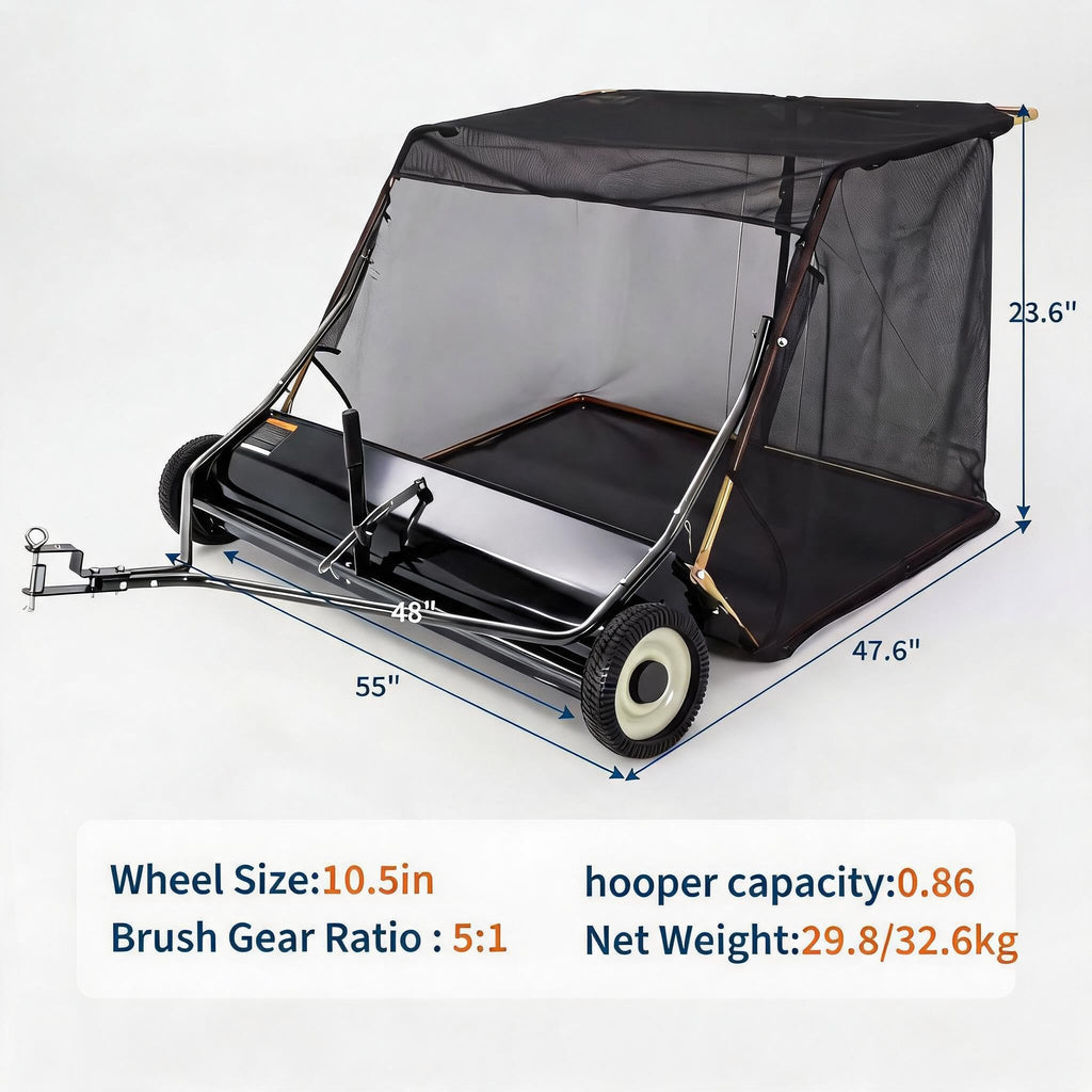 48-Inch Lawn Sweeper Tow Behind, Leaf & Grass Collector Yard Sweeper