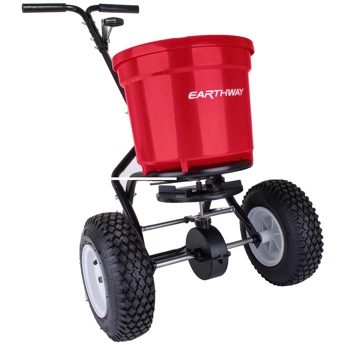 EarthWay 2150 Commercial 50 LB Broadcast Fertilizer Spreader. Heavy-Duty Walk-Behind Push Garden Seeder with Adjustable Drop Rate and Driving Handle. Large 13 inch Pneumatic Stud Tires