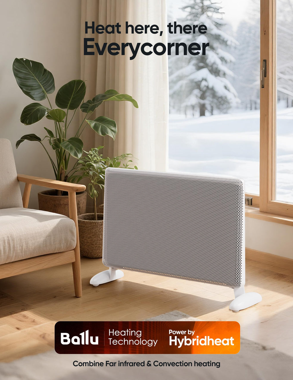 Ballu Mica Infrared Space Heater Indoor Use,Large Room Panel Heater with Programmable Thermostat,WiFi App Control,Portable Stand or Wall Mount,Energy Efficient Smart Quiet Heater,Work with Alexa,White