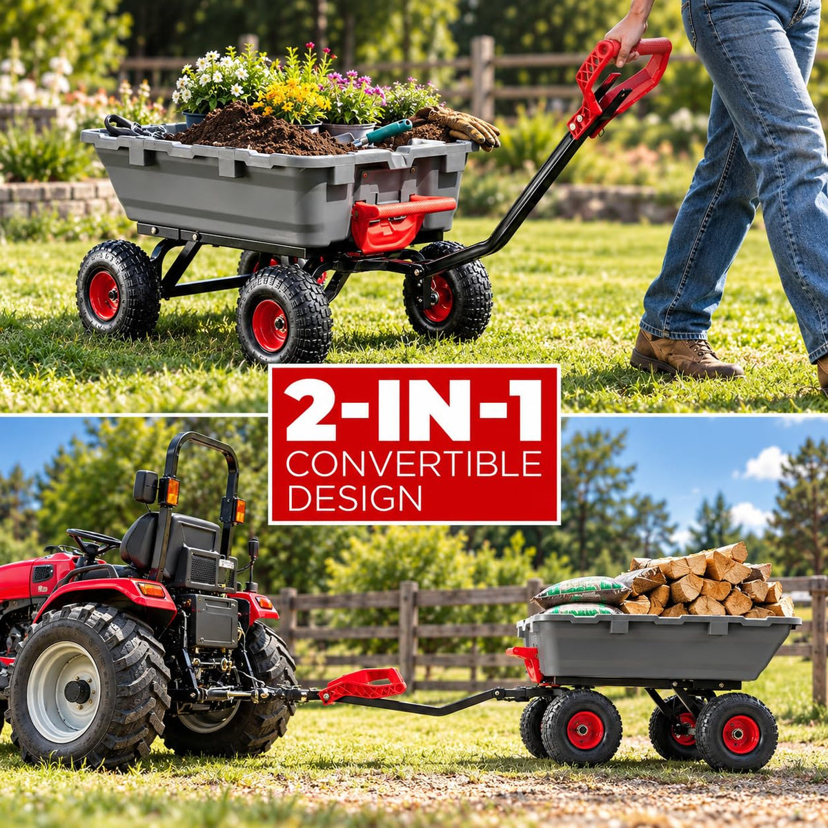 XtremepowerUS 2-in-1 Convertible Garden Cart & Dump Wagon, 800-LB Capacity Heavy Duty Utility Cart with Convertible Tow/Pull Handle, 10-Inch Pneumatic Tires for Yard, Lawn, Farm & Garden