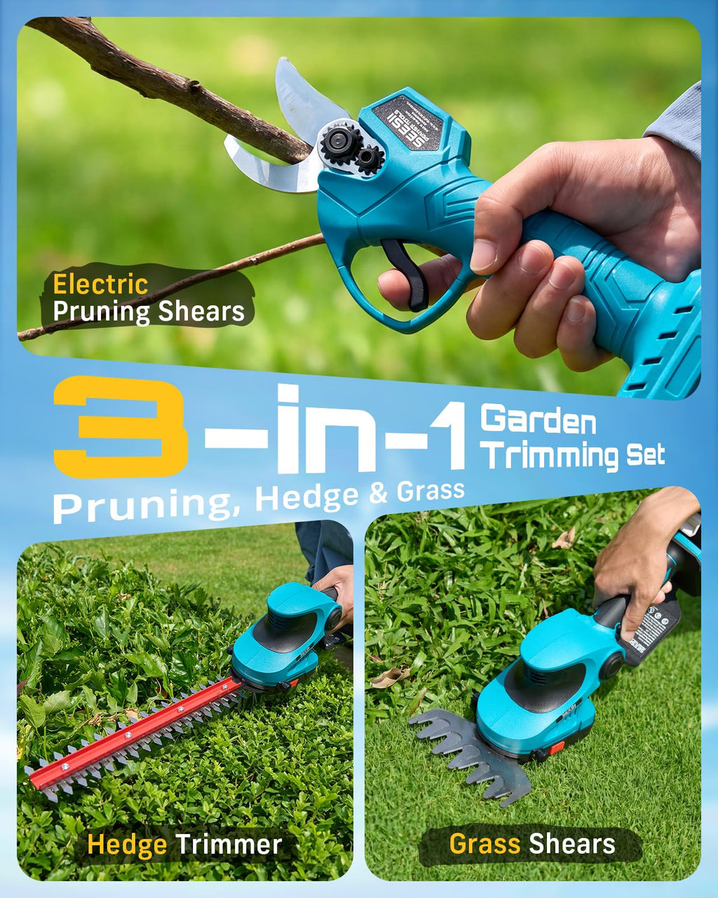 SEESII 3-in-1 Cordless Hedge Trimmer, Grass Shear & Electric Pruning Shears