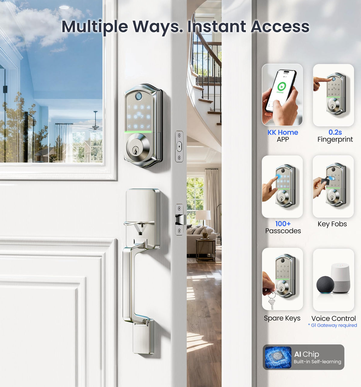 Veise VE017-D Fingerprint Smart Front Door Lock Set, Satin Nickel
