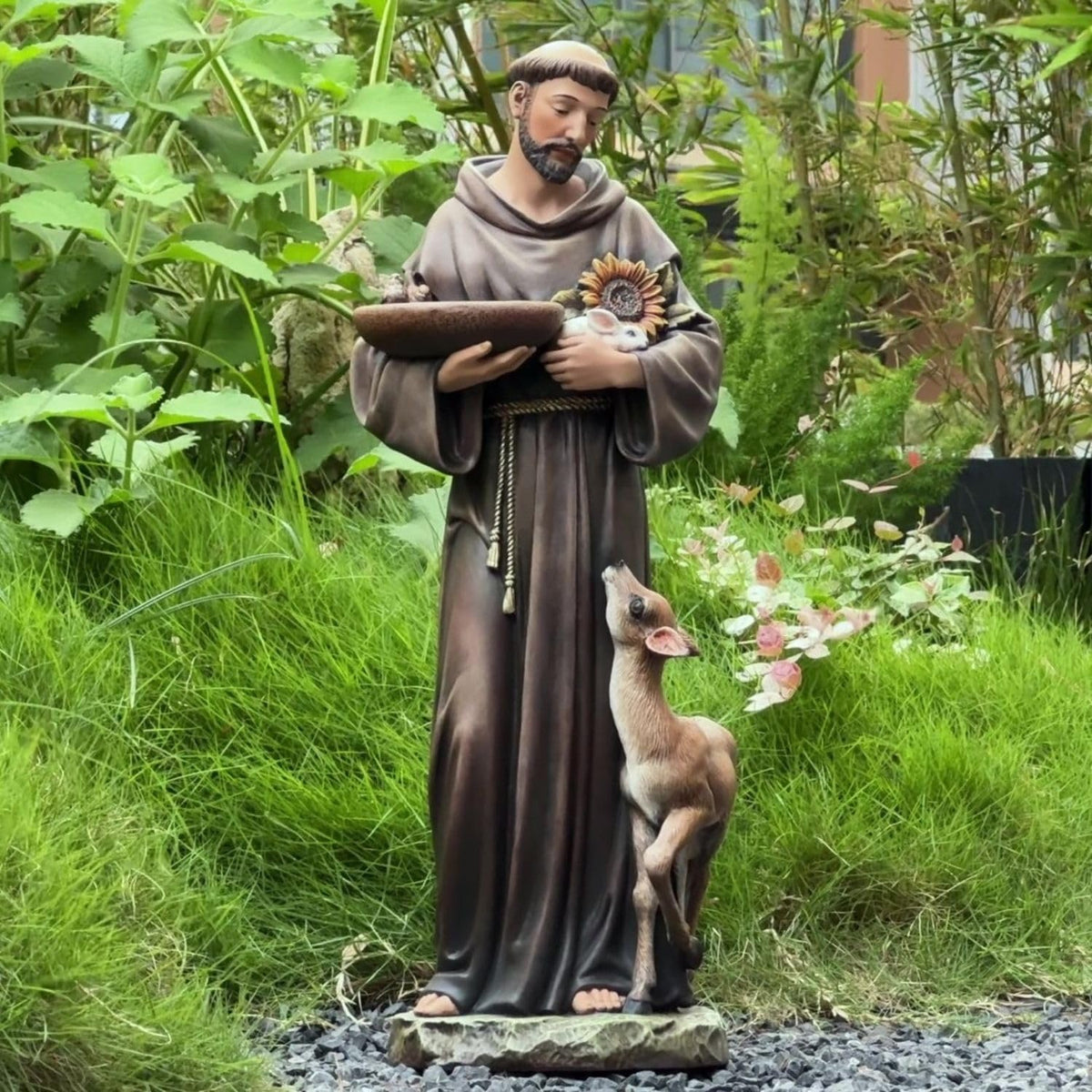 St Francis of Assisi Statue Outdoor, 22.5 Inches St Francis Bird Bath Sculpture, Hand Painted St. Francis with Animals Garden Statue for Home Yard Patio Lawn Hallway Decor (Stone Color)