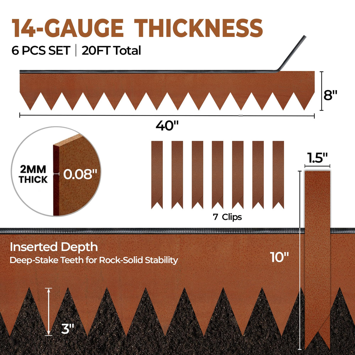 Worth Garden 6-Pack Cor-Ten Steel Landscape Edging with Black Protection Strips - Rust Patina Finish 40" L x 8" H (20Ft Total) - Hammer-in 14-Gauge Metal Corten Lawn Yard Edging Border w/ 7 Clips